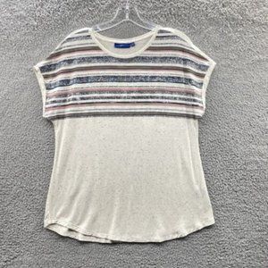 Apt. 9 Shirt Women's Medium Beige Cap Sleeve‎ Top Silver Metallic Stripes Size M
